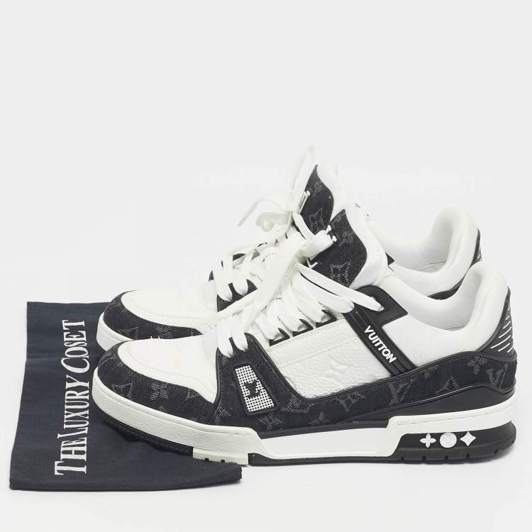 Pre Owned Louis Vuitton White/Black Denim and Leather LV Trainer Maxi Lace Up Sneakers Size 42.5