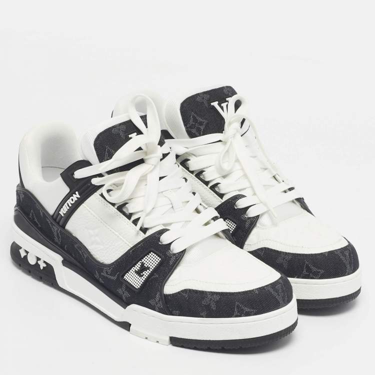 Pre Owned Louis Vuitton White/Black Denim and Leather LV Trainer Maxi Lace Up Sneakers Size 42.5