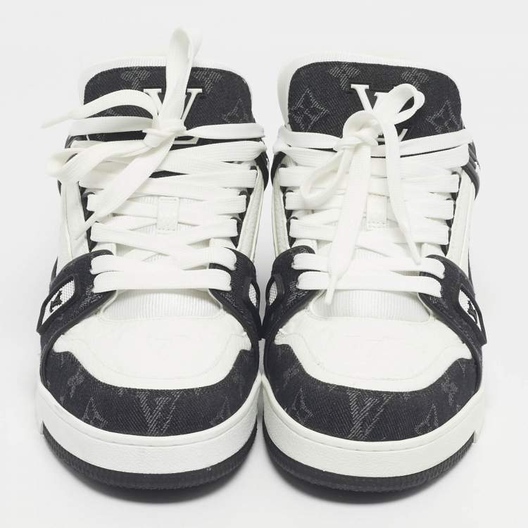 Pre Owned Louis Vuitton White/Black Denim and Leather LV Trainer Maxi Lace Up Sneakers Size 42.5