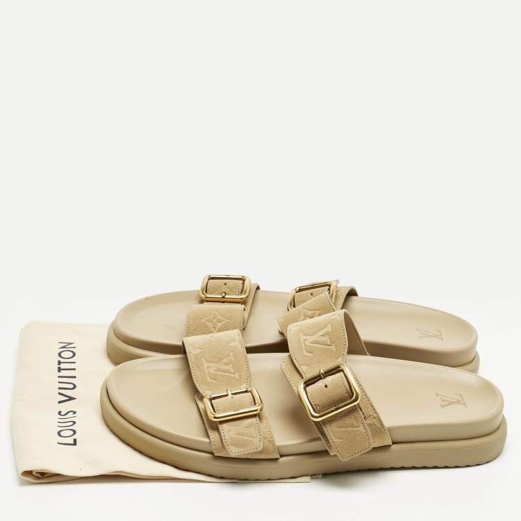 Pre Owned Louis Vuitton Beige Monogram Suede Bom Dia Flat Slide Sandals Size 45