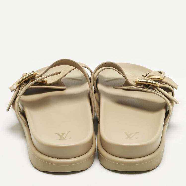 Pre Owned Louis Vuitton Beige Monogram Suede Bom Dia Flat Slide Sandals Size 45