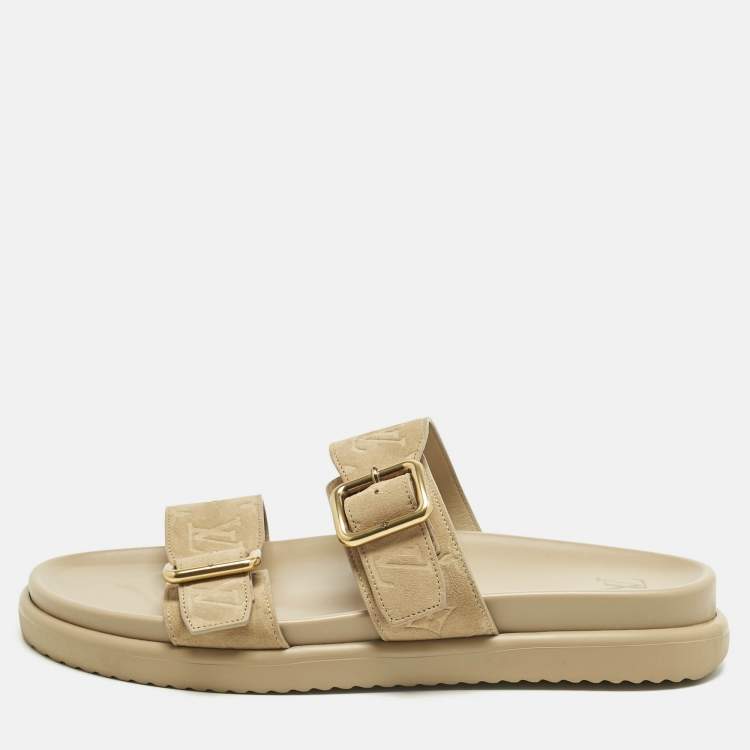 Pre Owned Louis Vuitton Beige Monogram Suede Bom Dia Flat Slide Sandals Size 45