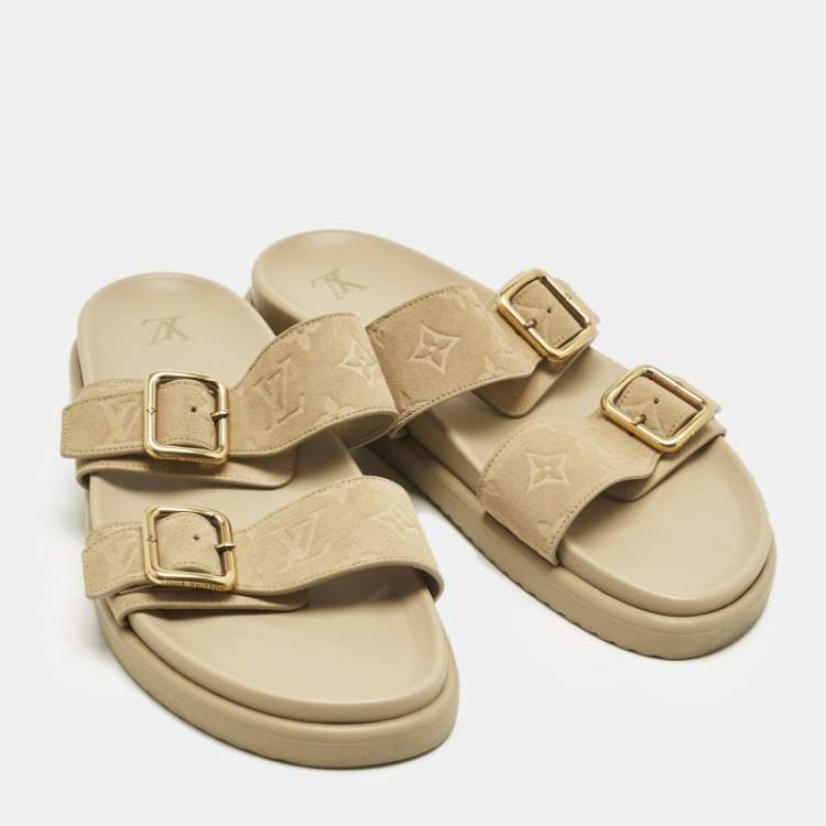 Pre Owned Louis Vuitton Beige Monogram Suede Bom Dia Flat Slide Sandals Size 45