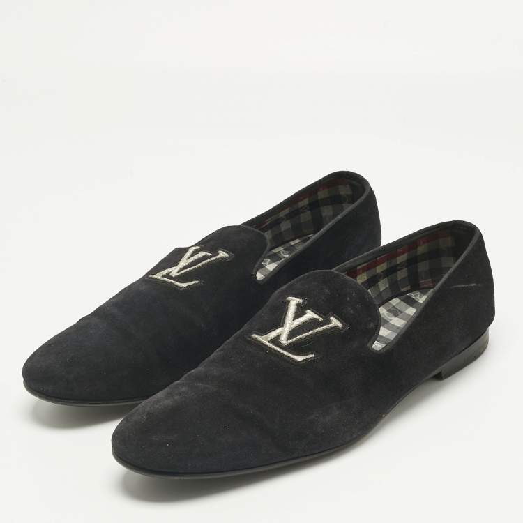 Pre Owned Louis Vuitton Black Suede  LV Logo Embroidered Smoking Slippers Size 46