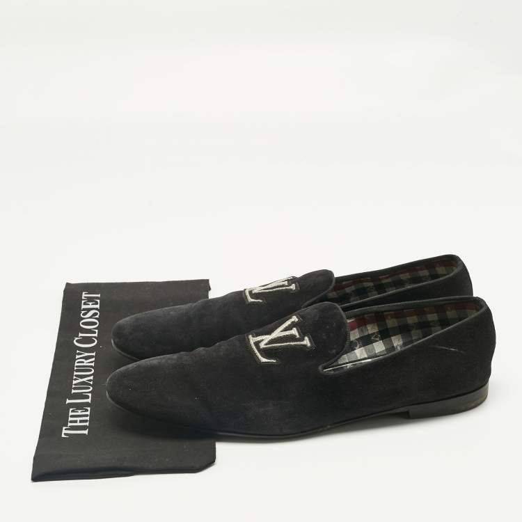 Pre Owned Louis Vuitton Black Suede  LV Logo Embroidered Smoking Slippers Size 46