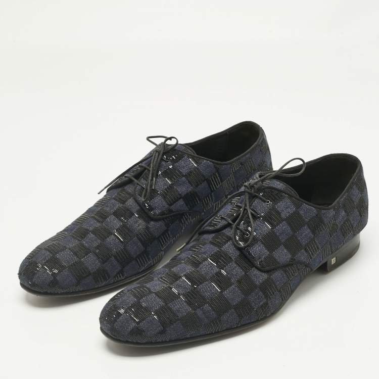 Pre Owned Louis Vuitton Blue/Black Denim and Sequins Damier Lace Up Derby Size 45