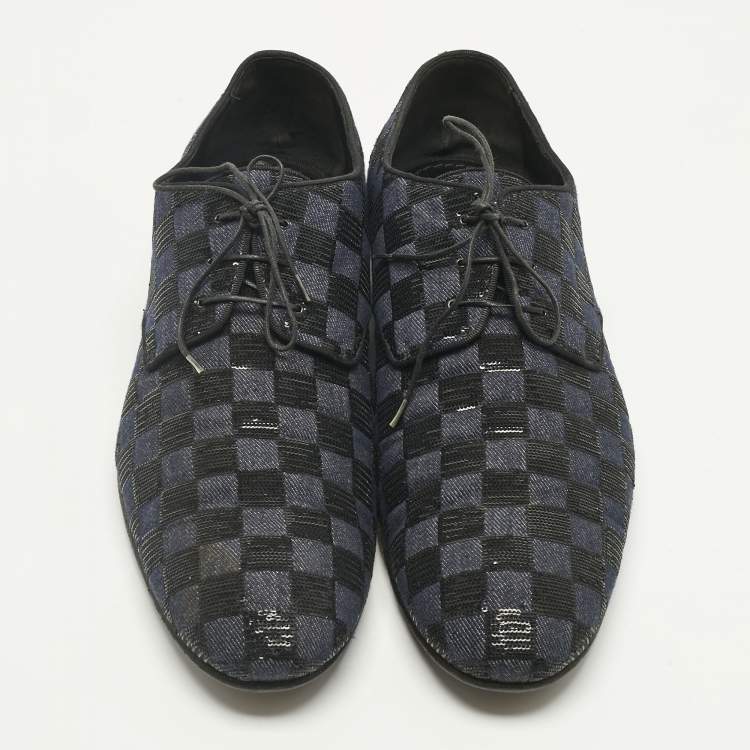 Pre Owned Louis Vuitton Blue/Black Denim and Sequins Damier Lace Up Derby Size 45