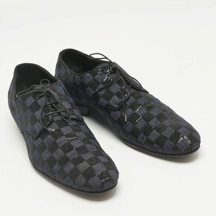 Pre Owned Louis Vuitton Blue/Black Denim and Sequins Damier Lace Up Derby Size 45