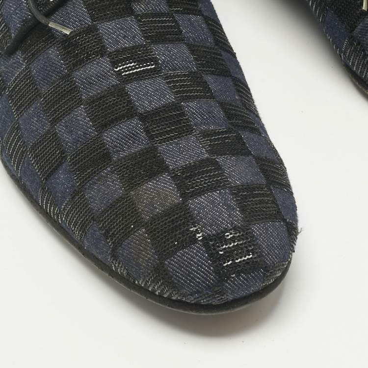 Pre Owned Louis Vuitton Blue/Black Denim and Sequins Damier Lace Up Derby Size 45