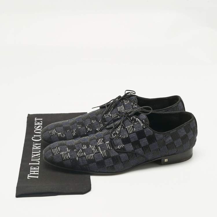 Pre Owned Louis Vuitton Blue/Black Denim and Sequins Damier Lace Up Derby Size 45