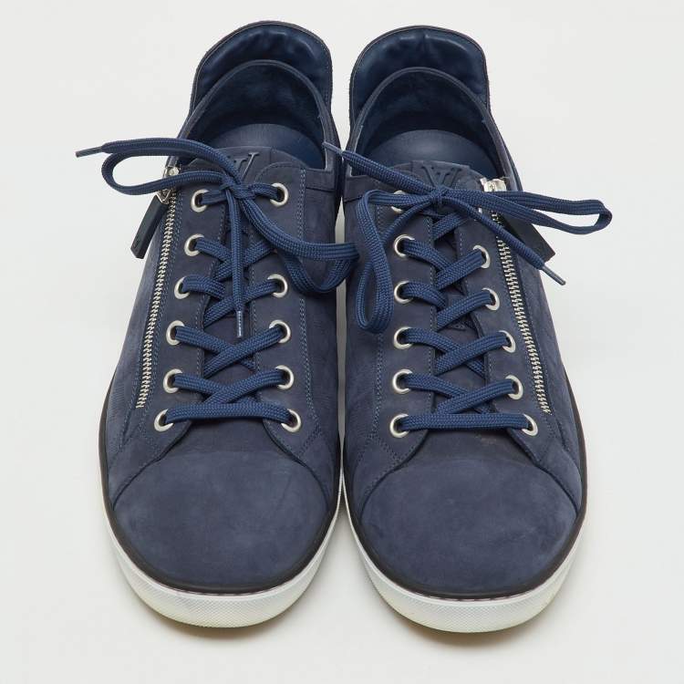 Pre Owned Louis Vuitton Blue Damier Nubuck Leather and Suede Adventure Sneakers Size 47