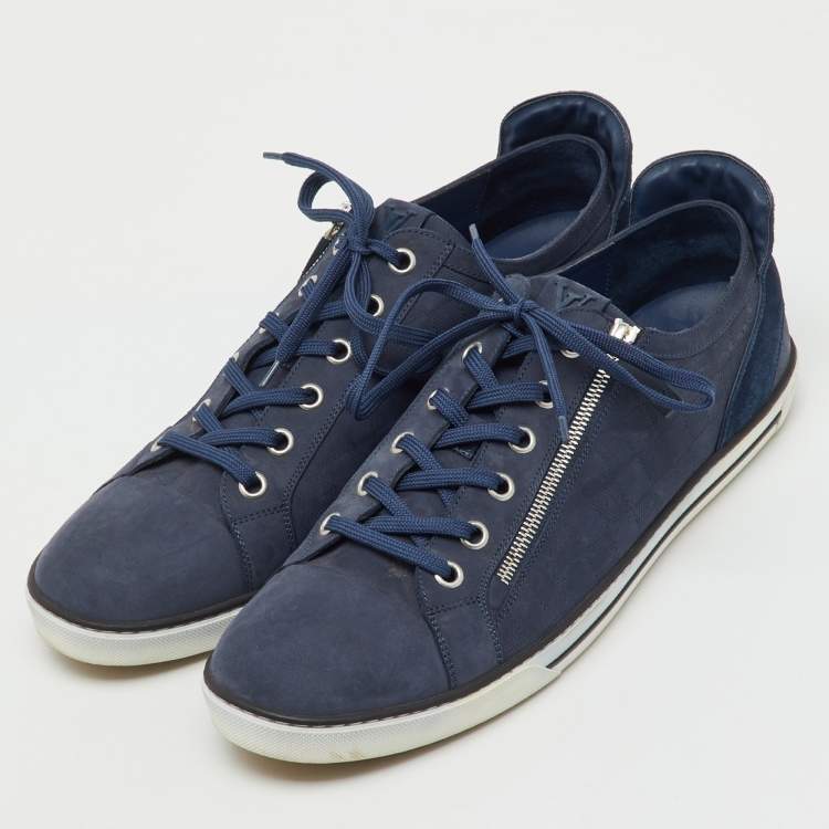 Pre Owned Louis Vuitton Blue Damier Nubuck Leather and Suede Adventure Sneakers Size 47