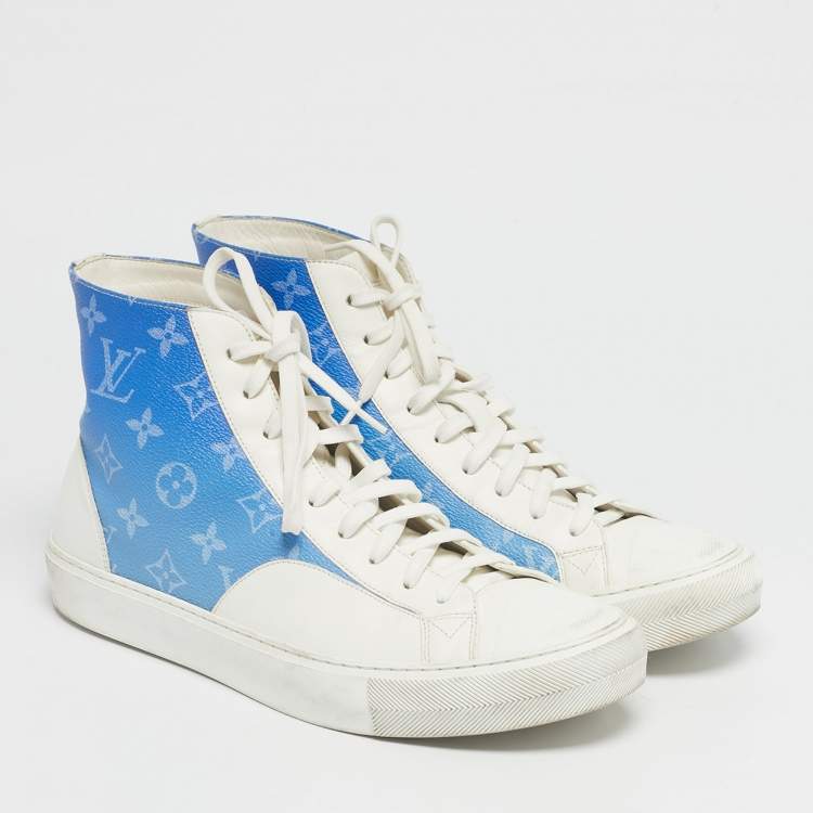Pre Owned Louis Vuitton Blue/White Monogram Canvas and Leather Tattoo Sneakers Size 41