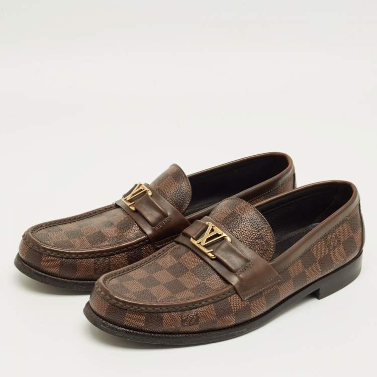 Pre Owned Louis Vuitton Brown Damier Canvas and Leather Major Loafers Size 42