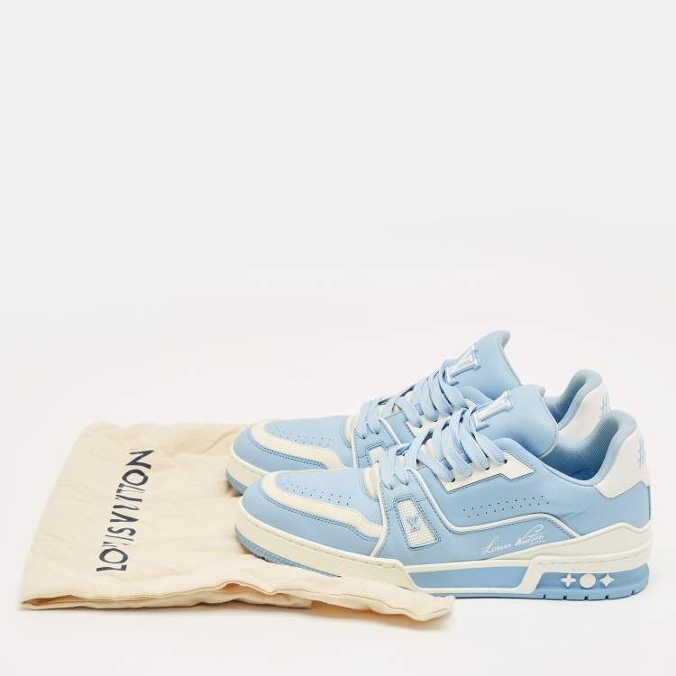 Pre Owned Louis Vuitton Blue/White Leather LV Trainer Low Top Sneakers Size 41.5