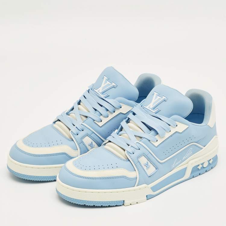 Pre Owned Louis Vuitton Blue/White Leather LV Trainer Low Top Sneakers Size 41.5