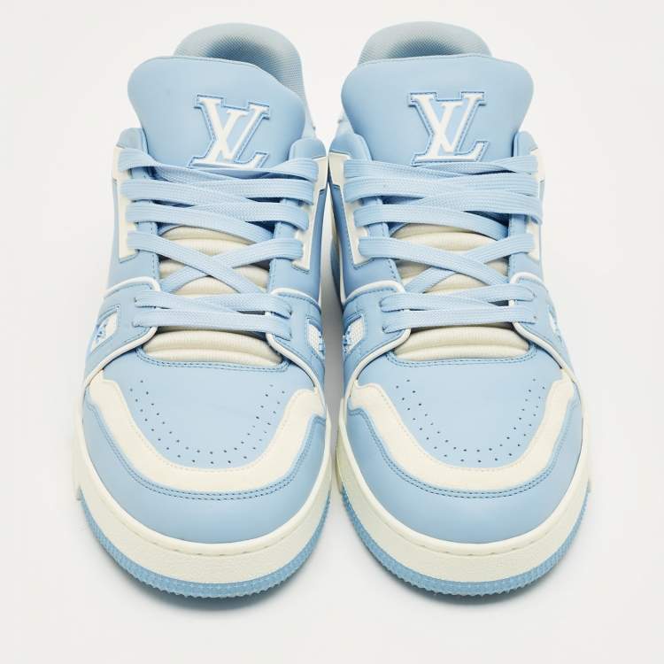 Pre Owned Louis Vuitton Blue/White Leather LV Trainer Low Top Sneakers Size 41.5