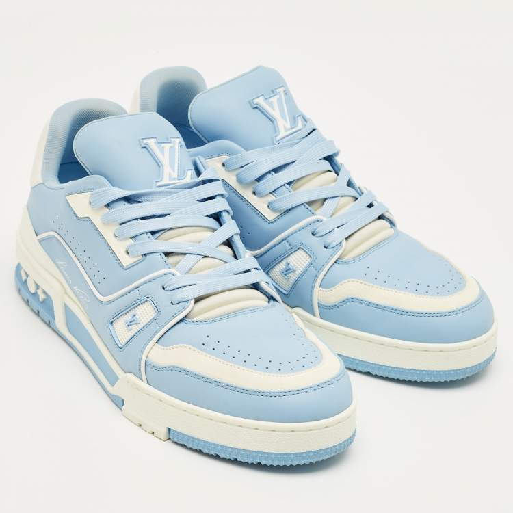 Pre Owned Louis Vuitton Blue/White Leather LV Trainer Low Top Sneakers Size 41.5