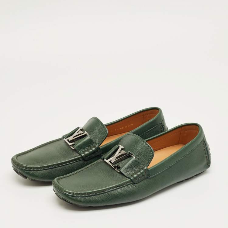 Pre Owned Louis Vuitton Green Leather Monte Carlo Slip On Loafers Size 41.5