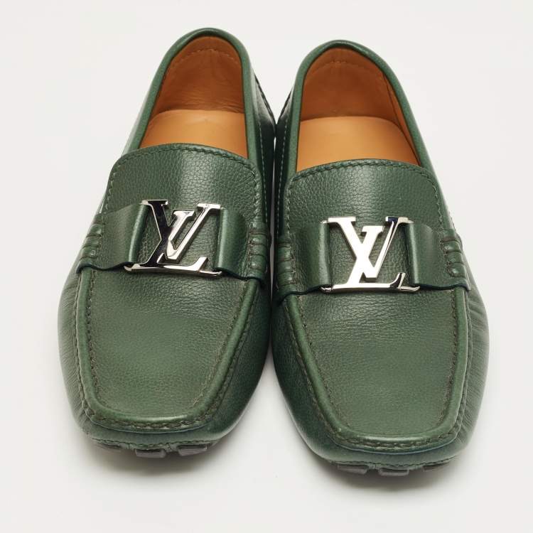 Pre Owned Louis Vuitton Green Leather Monte Carlo Slip On Loafers Size 41.5