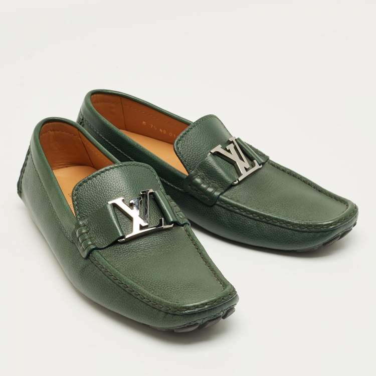 Pre Owned Louis Vuitton Green Leather Monte Carlo Slip On Loafers Size 41.5