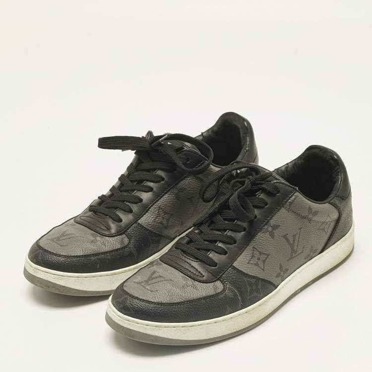 Pre Owned Louis Vuitton Grey/Black Monogram Canvas and Leather Rivoli Lace Up Sneakers  Size 39