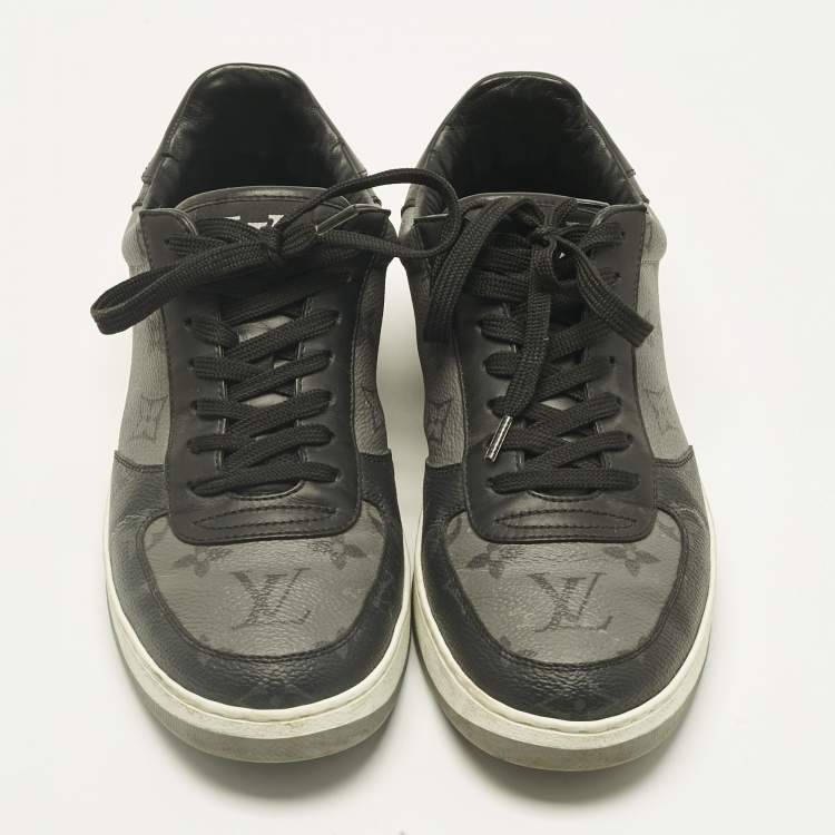 Pre Owned Louis Vuitton Grey/Black Monogram Canvas and Leather Rivoli Lace Up Sneakers  Size 39