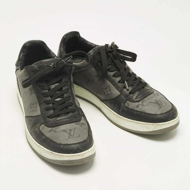 Pre Owned Louis Vuitton Grey/Black Monogram Canvas and Leather Rivoli Lace Up Sneakers  Size 39