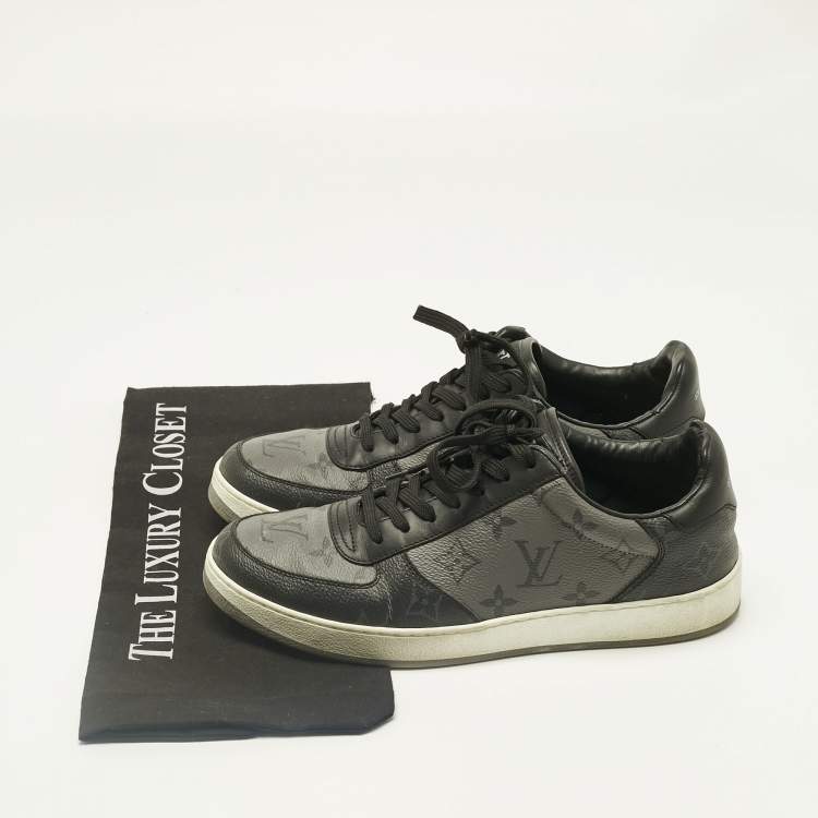Pre Owned Louis Vuitton Grey/Black Monogram Canvas and Leather Rivoli Lace Up Sneakers  Size 39