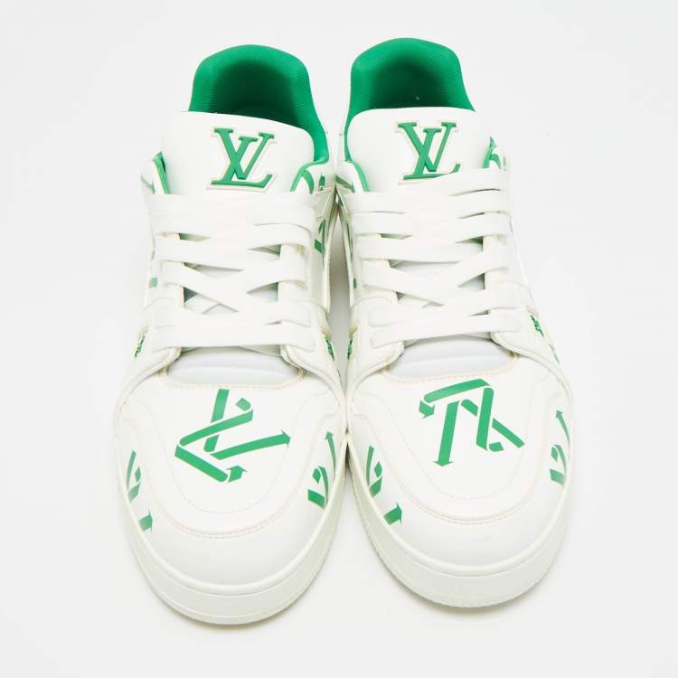 Pre Owned Louis Vuitton Green/White Leather LV Trainer Low Top Sneakers Size 43