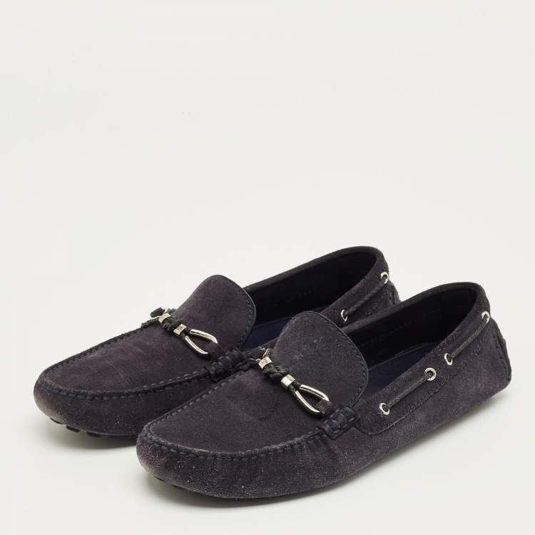 Pre Owned Louis Vuitton Navy Blue Suede Bow Slip On Loafers Size 42