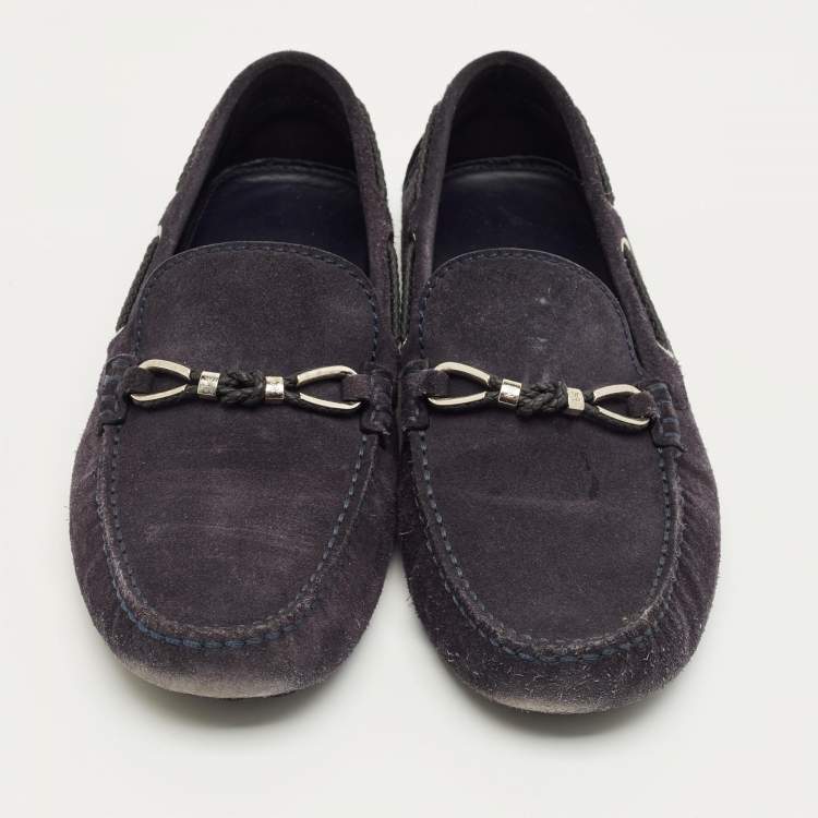 Pre Owned Louis Vuitton Navy Blue Suede Bow Slip On Loafers Size 42