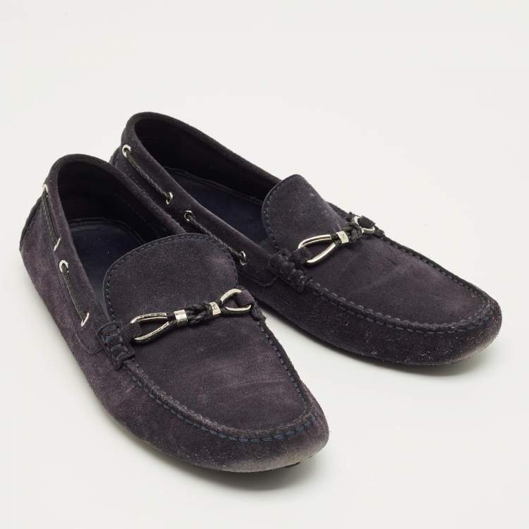 Pre Owned Louis Vuitton Navy Blue Suede Bow Slip On Loafers Size 42