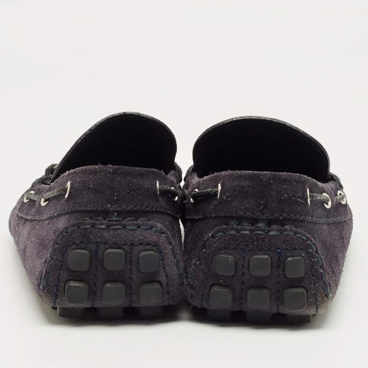 Pre Owned Louis Vuitton Navy Blue Suede Bow Slip On Loafers Size 42