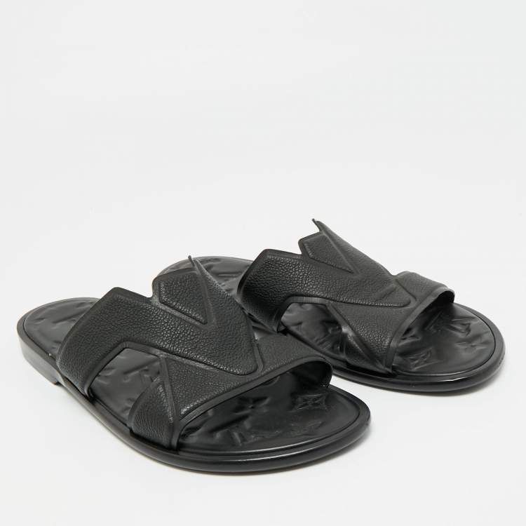 Pre Owned Louis Vuitton Black Leather LV Oasis Flat Slide Sandals Size 41