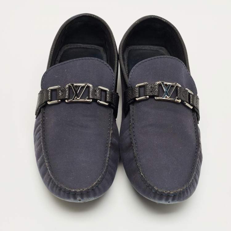 Pre Owned Louis Vuitton Navy Blue Fabric and Leather Hockenheim Loafers Size 44