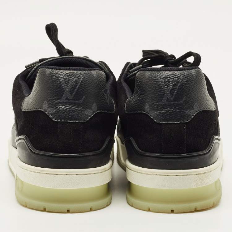 Pre Owned Louis Vuitton LV Trainer Size 43.5 Black Monogram Canvas and Suede Lace Up Sneakers