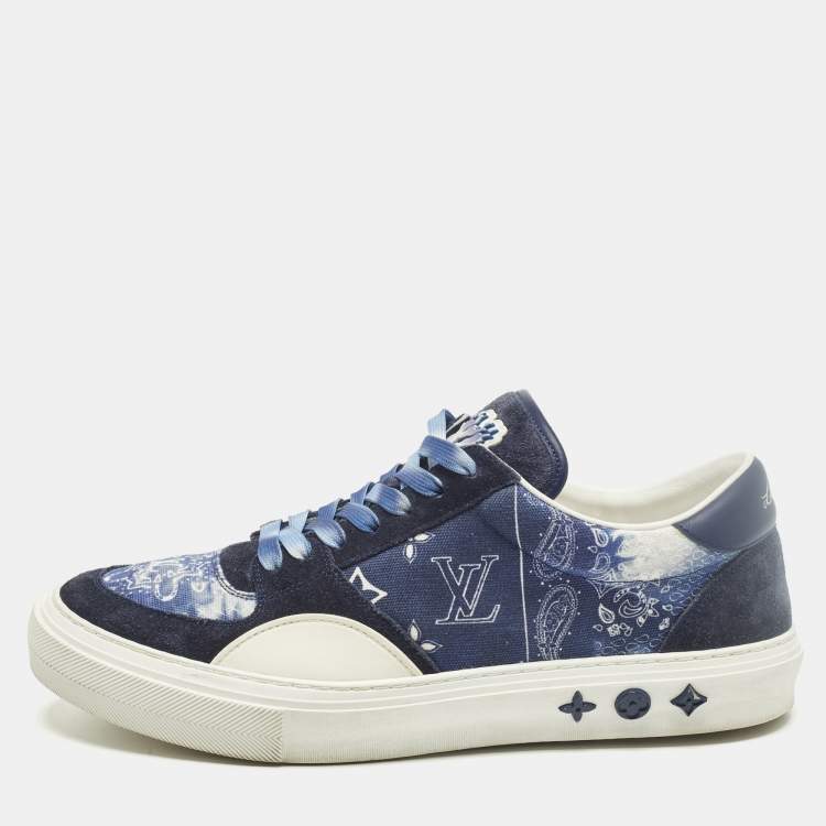 Pre Owned Louis Vuitton Richelieu LV Ollie Size 42 Navy Blue Canvas and Suede Lace Up Sneakers