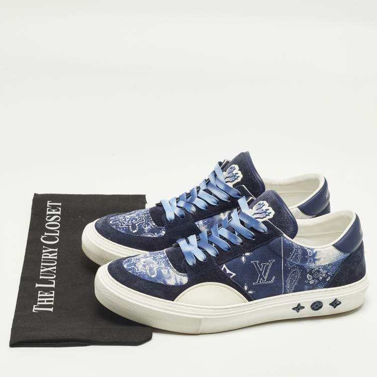 Pre Owned Louis Vuitton Richelieu LV Ollie Size 42 Navy Blue Canvas and Suede Lace Up Sneakers