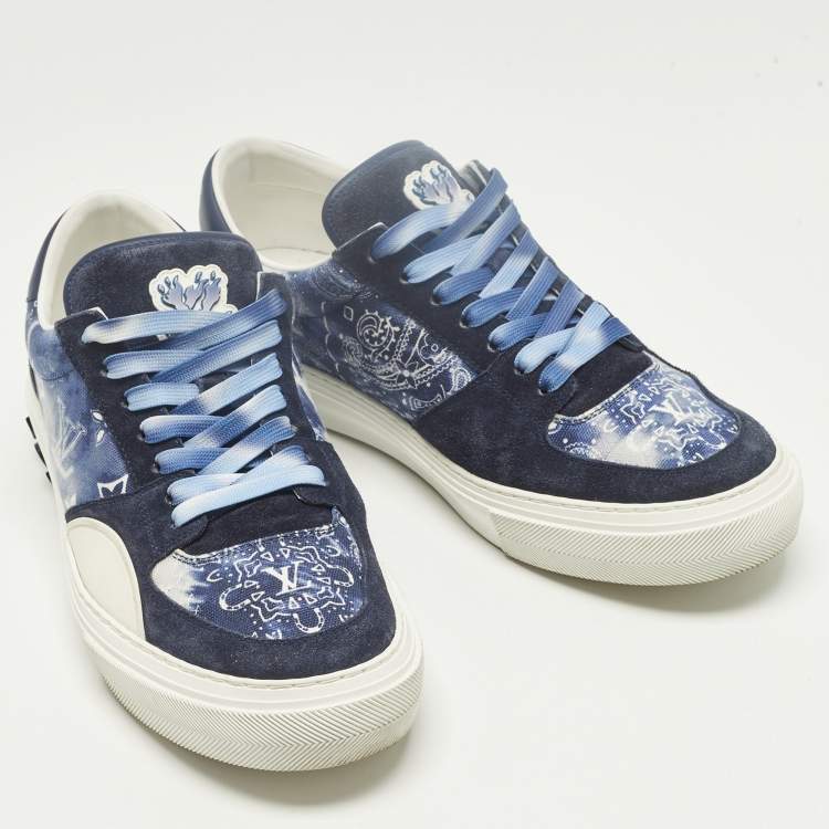 Pre Owned Louis Vuitton Richelieu LV Ollie Size 42 Navy Blue Canvas and Suede Lace Up Sneakers