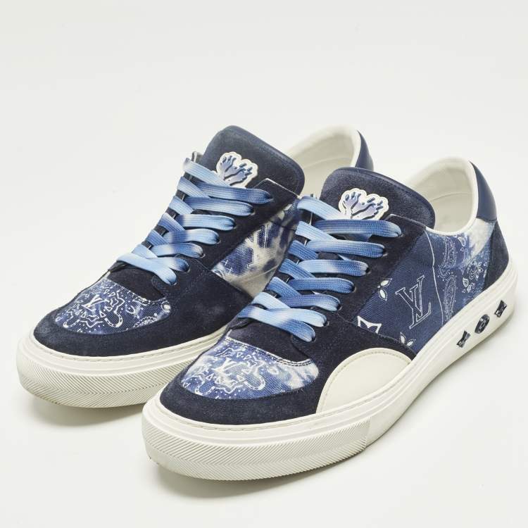 Pre Owned Louis Vuitton Richelieu LV Ollie Size 42 Navy Blue Canvas and Suede Lace Up Sneakers