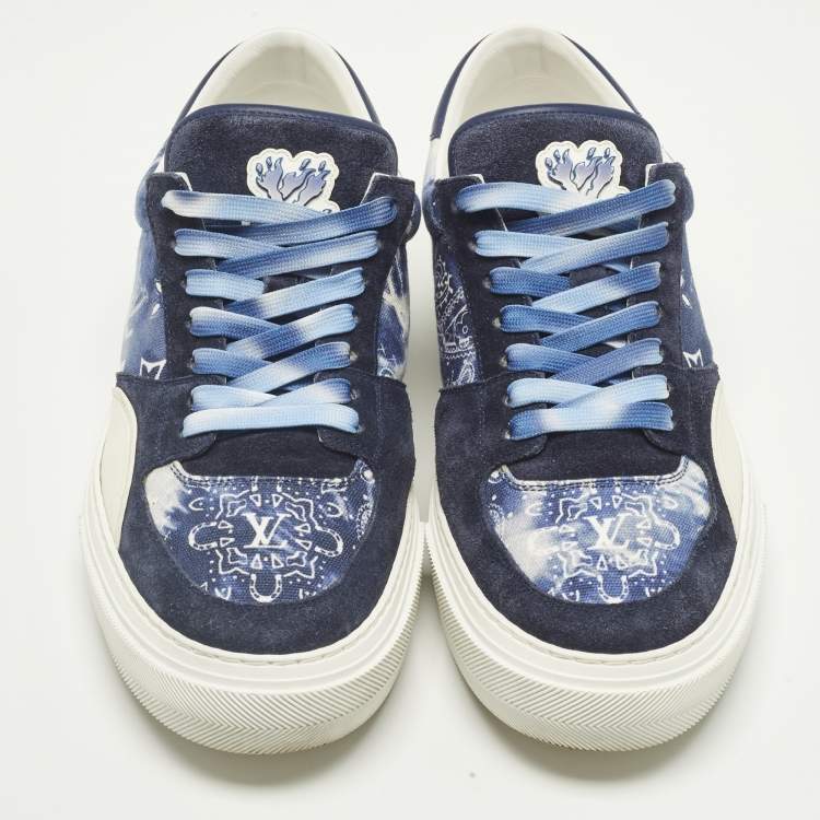 Pre Owned Louis Vuitton Richelieu LV Ollie Size 42 Navy Blue Canvas and Suede Lace Up Sneakers