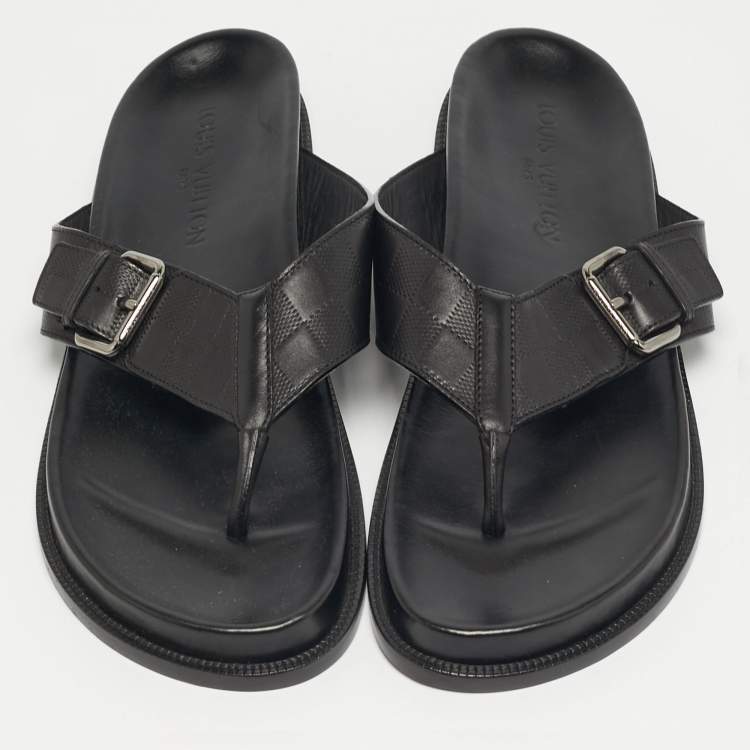 Pre Owned Louis Vuitton Size 43 Black Leather Damier Thong Flat Slides