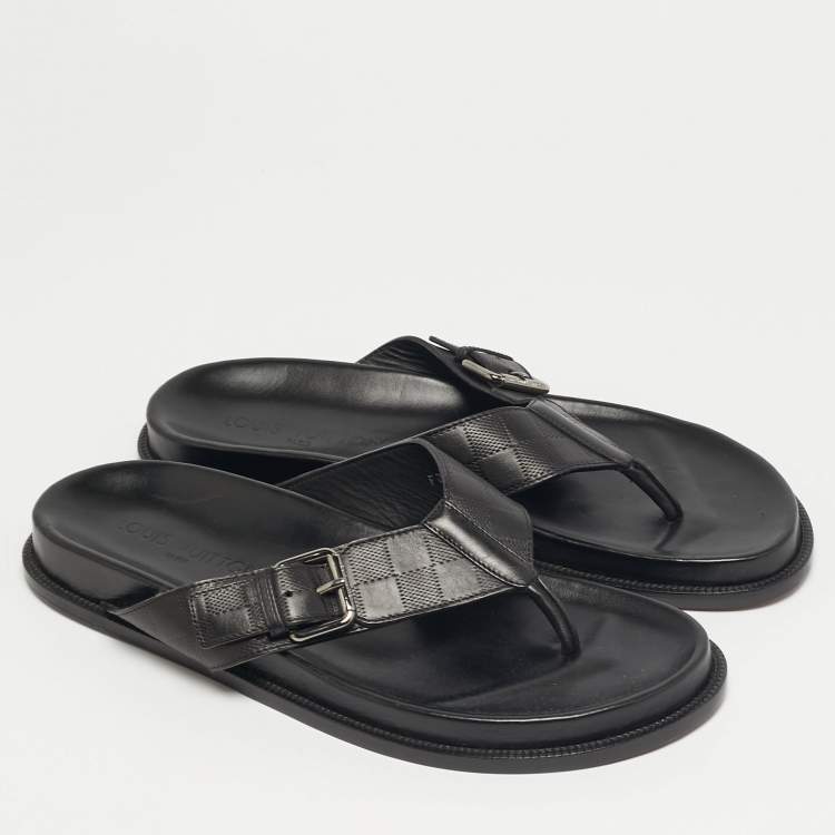 Pre Owned Louis Vuitton Size 43 Black Leather Damier Thong Flat Slides