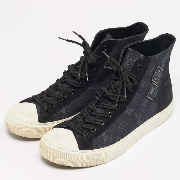 Pre Owned Louis Vuitton Tattoo Size 43 Navy Blue Monogram Canvas and Suede High Top Sneakers