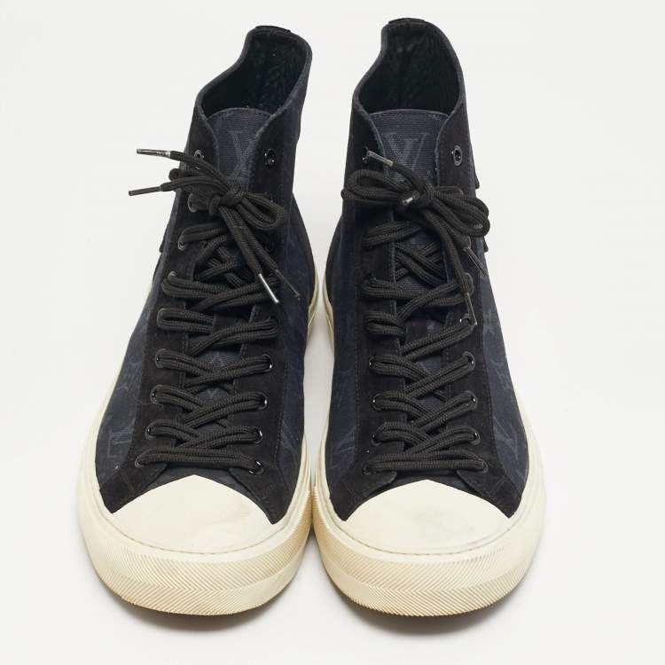 Pre Owned Louis Vuitton Tattoo Size 43 Navy Blue Monogram Canvas and Suede High Top Sneakers