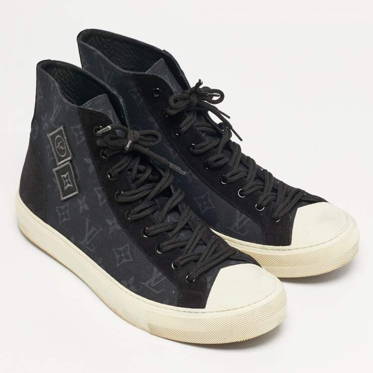 Pre Owned Louis Vuitton Tattoo Size 43 Navy Blue Monogram Canvas and Suede High Top Sneakers