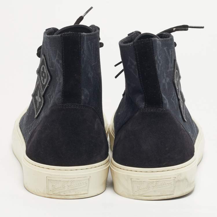 Pre Owned Louis Vuitton Tattoo Size 43 Navy Blue Monogram Canvas and Suede High Top Sneakers