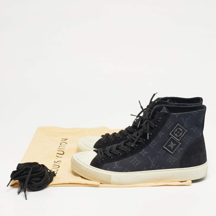Pre Owned Louis Vuitton Tattoo Size 43 Navy Blue Monogram Canvas and Suede High Top Sneakers