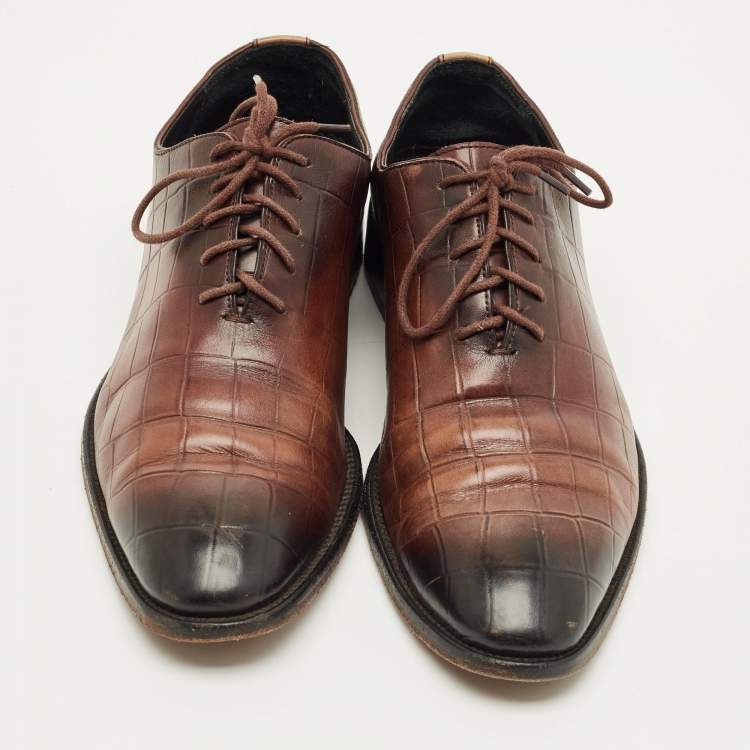 Pre Owned Louis Vuitton Size 41 Brown Croc Embossed Leather Oxfords